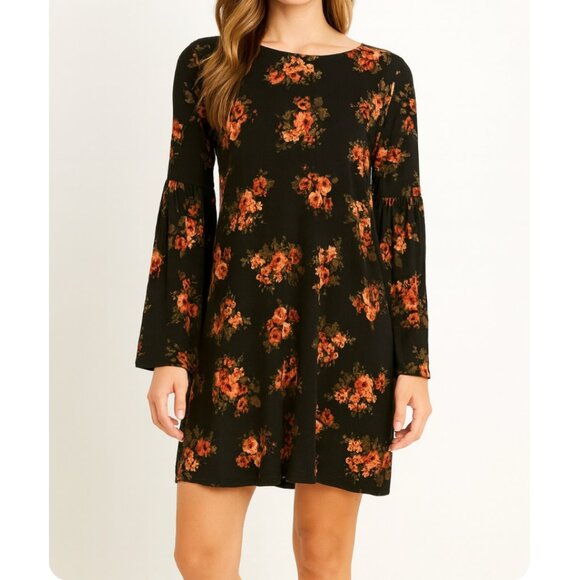 Altar’d State | “Monowi” Black & Rust Floral Ruffle Bell Sleeve Dress | Small - Picture 1 of 11